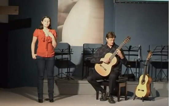 Imogen Abernethy and Bruce Paine performing at the NZ Guitar Guitar Ensemble concert on April 27th 2013